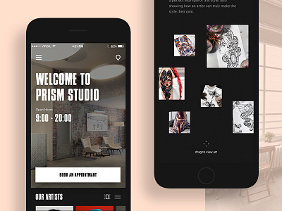 Prism App app booking grid instagram layout mobile product studio tattoo typography ui ux