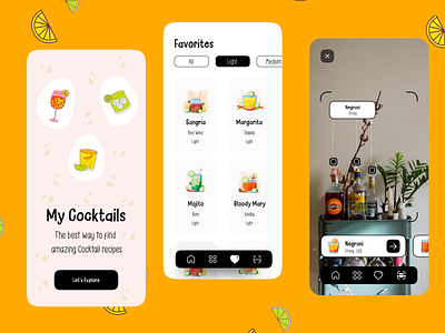 Cocktail Recipe App 2022 alcohol app app design ar augmented reality bar cocktail design illustration ios mobile app mobile ui pastel trend ui uidesign