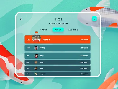 019 #DailyUI Leaderboard app design applepencil dailyui dailyui019 dailyuichallenge design digital design game design illustration illustration digital ipad koi carp leaderboard pastel procreate ui ui design ux