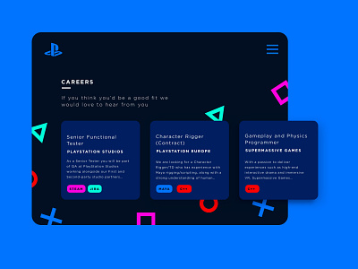 050 #DailyUI Job listing branding dailyui dailyui050 dailyuichallenge design gaming job listing microsite neon playstation rebrand ui ui design ux webdesign website website concept