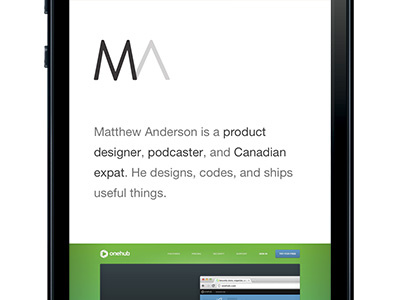 MA on iPhone bio brandon grotesque flexslider iphone ma matthew anderson portfolio responsive screenshot