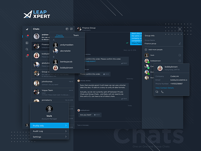 LeapXpert - Web Chat chat communication dark theme dark ui design integrations profile ui ux web