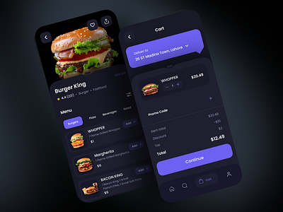 Food App UI 🍔 app app design application branding daily ui dailyui dark dark app dark ui design designer food app purple restaurant ui ui design uidesign uiux ux web