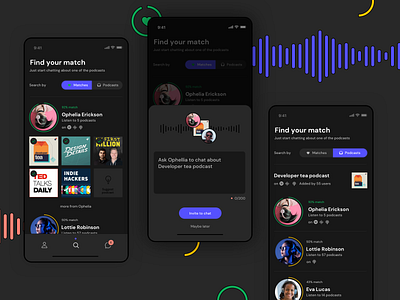 Soulcast - a dating app for podcasts fans audio app dark mode dark theme dark ui dating dating app inspiration iosapp mobile ui podcast podcastapp podcasting podcasts spotify tinder ui uidesign ux uxdesign uxui