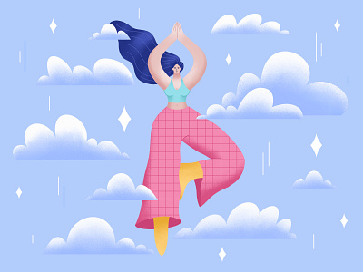 Tree Pose 2d balance breath character clouds flat health illustration mindfulness practice procreate sport texture tree pose woman workout yoga