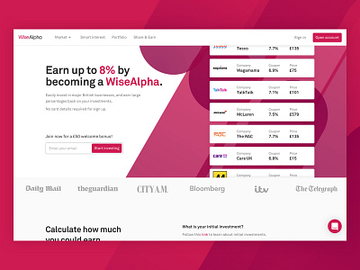 WiseAlpha - Home england finance fintech home page investing red saas start up web app