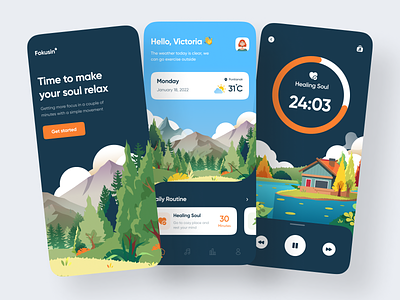 Fokusin – Mobile App 🧘🏻‍♂️ app app design clean countdown design focus focus app healing illustration landscape mobileapp natrue nft relax timer ui uiux