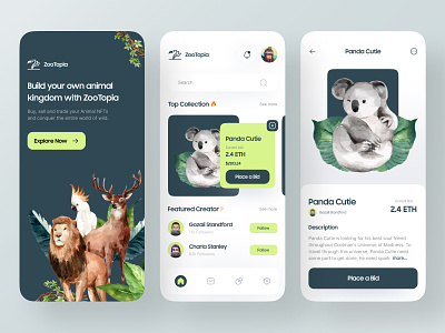 🦜 ZooTopia – Mobile NFT App animal bid color cool crypto dashboard green management ui minimalist ui nft nft app nft mobile nft ui nfts sell shopping ui trade trend ui ui ux