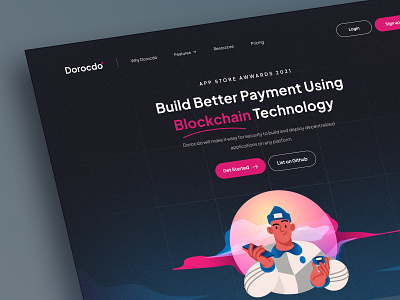 🪙 Dorocdo - Blockchain Hero blockchain blockchain ui blockchain website clean design gradient color hero hero page ilustration nft hero nft landing nft ui page hero trend ui design uiux wesbite