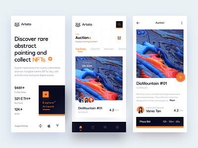 🚀 Artato – Mobile NFT Marketplace abstrac auction clean ui creative elegant marketplace minalist mobile app nft app trading trending