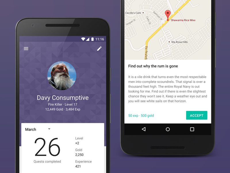 RigPirate for Android accept map level stats month quests profile material design figma app android
