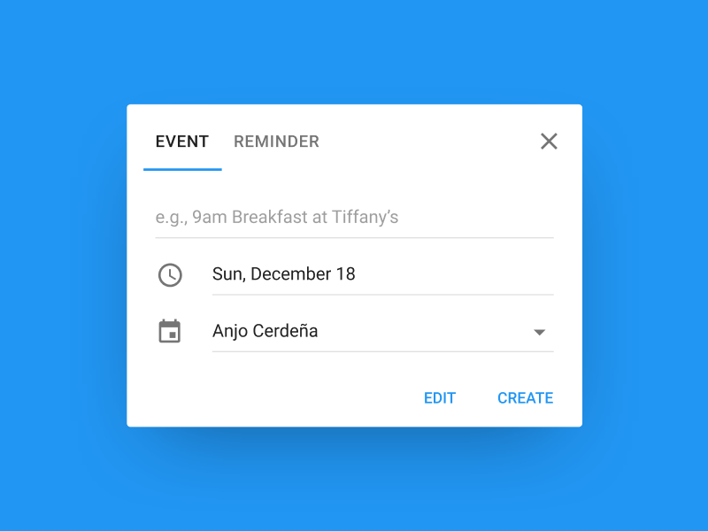 Add an Event Dialog ui desktop card create edit clock calendar tiffanys breakfast vanilla paper material design