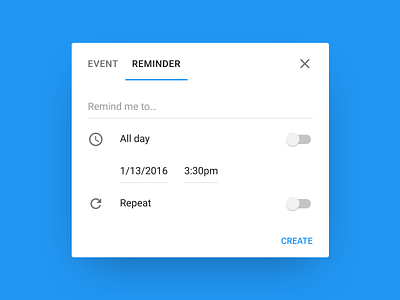 Add a Reminder Dialog calendar card clock create desktop material design paper repeat ui vanilla