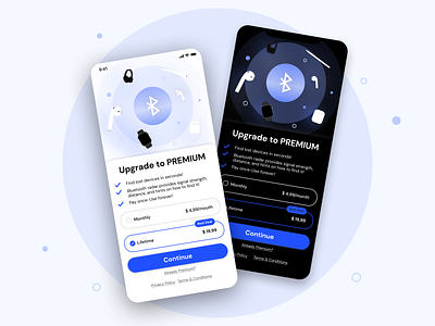 Paywall screens for Bluetooth Finder app bluetooth dark mode dark paywall dark subscription light mode mobile design mobile ui payment paywall premium pricing purchase subscription ui design