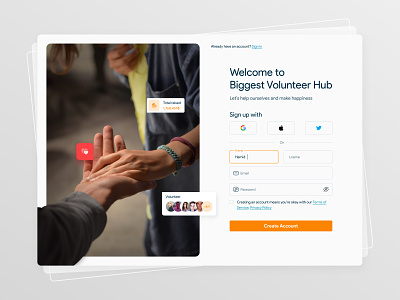 Volunteer Hub Sign up a11y acce accessibility component concept dailyui figma iconsax minimal sign in sign up style guide ui ui design ui ux ux v volunteer volunteer hub web design