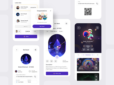 NFT marketplace | Mobile App art work artist auction bid biding bitcoin collection crypto currency detail eth ethereum hash marketplace network nft profile report trust wallet wallet