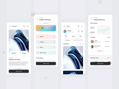 NFT Marketplace App artist auction bid biding blockchain crypto design detail eth ethereum graph hash marketplace minimal network nft profile ui ux wallet