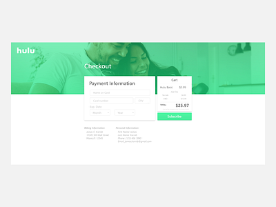 Daily UI - 002 : Checkout billing checkout daily ui dailyui green hulu payment shop shopping cart subscription ui design uiux ux design webdesign website design