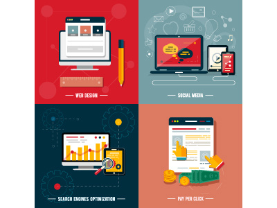 Icons for web design click design flat icon internet media money pay per seo set social