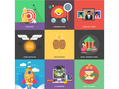 Concept of different icons in flat design bank business dollar flat icon mapping mind start creative team time vector