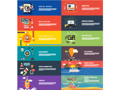 Banners for websites flat design style flat holiday icon infographic management media pay seo social startup travel vacation