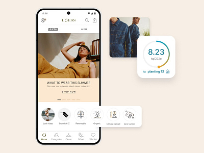 Climate-tracked app for fashion shoppers app application carbon e commerce eco fashion footprint interface mobile online store shopping sustainability ui ux