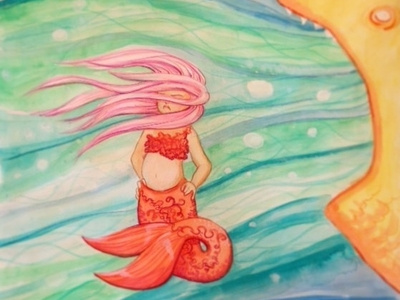 Mermaid bubbles character design fantasy art illustration mermaid ocean pink hair pose underwater watercolor watercolor illustration