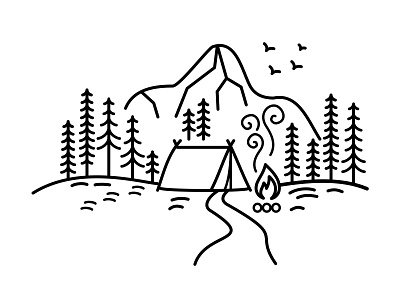 Camp In The Mountains - minimalist thin line illustration