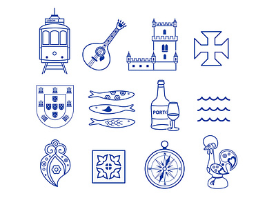Thin line icon set for Lisbon, Portugal azulejos barcelos belem fado icon icon design icon set iconography icons line lisbon portugal rooster sardine sardines thin thinline tile tower wine