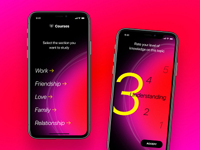 Mobile app Courses app black design gradient interface menu minimalizm mobile neon night pink psychology rate red typography ui ui design ux ui yelow