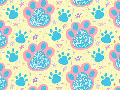 Stay Pawsitive seamless pattern cat dog illustration joke lettering multicolor paw paw print pet pun seamless pattern