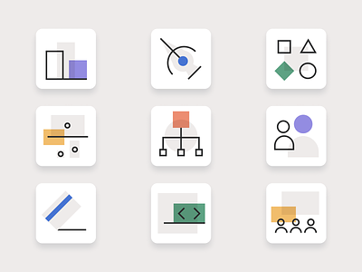 Icons for teams and uses brand colors geometric iconography shapes