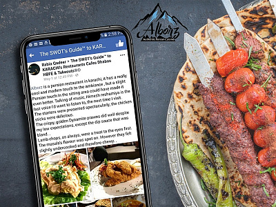 Alborz - In Facebook SWOT's Guide to Karachi Review Design Post brand identity branding comments customer facebook feedback food illustration iranian karachi like meal meat mobile pakistan persian poster restaurant review screen