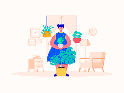 Stay home and enjoy your plants 2d character clean color corona coronavirus covid19 design flat girl home illustration plant plants quarantine stayhome vector