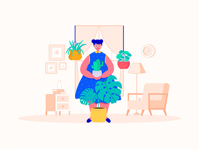 Stay home and enjoy your plants 2d character clean color corona coronavirus covid19 design flat girl home illustration plant plants quarantine stayhome vector