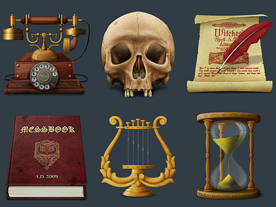 Outdated Icons2 book harp icon realistic sandclock scroll skull telephone