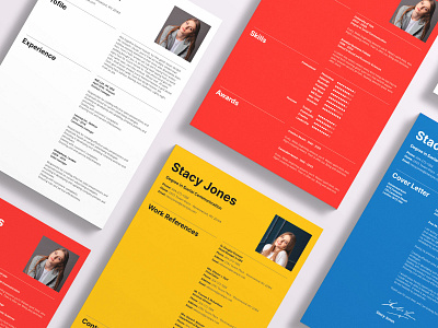 Stacy Jones - CV Resume in Swiss Style Resume Template adobe illustrator blue cv resume template design graphic design minimalistic red swiss style typography white yellow