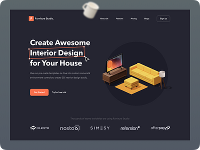 Furniture Studio. - Hero Concept | Web Design 3d clean dark dark mode design furniture graphic design hero hero concept interior interior design live minimal minimalism minimalist product design ui ui design ux webdesign