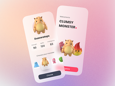 Clumsy Monster. - Game Concept | Mobile App 3d character clean design game game app game design glass illustration minimal mobile mobile app monster ui ui design ui game visual design