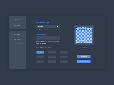 Game Selection Screen | Arena Chess Platform arena blue branding chess chess piece chessboard cool design game pawn select web design