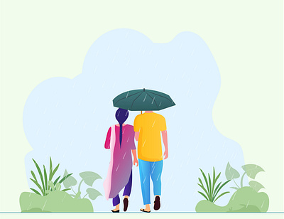 Romantic Rain art cartooning cuople design flat flat design flat illustration illustration nature nature illustration rain romantic vector art vector illustration