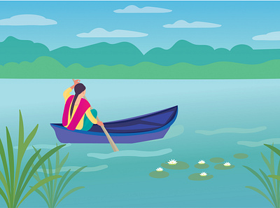 Girl and the Boat art cartooning design flat flat design flat illustration illustration lake nature nature illustration vector illustration