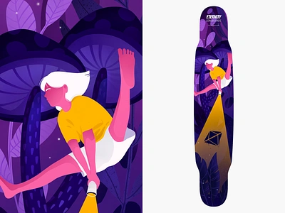 Longboard design for Eternity Longboards brand branding character design eternity flashlight graphic design illustration jump light longboard mushrooms procreate skateboard