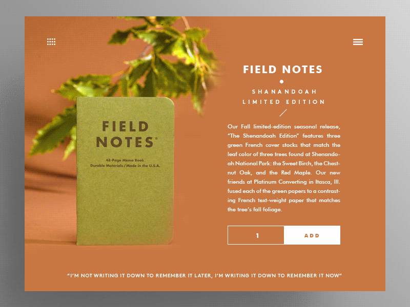 Field Notes — Shanandoah edition notebook flat motion elegant balance composition gif e-commerce gear typography minimal product