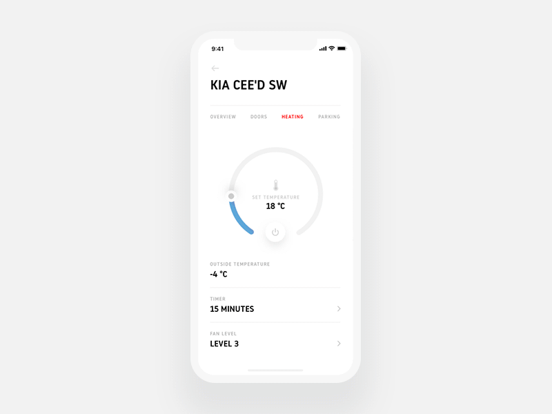 MyKia Concept - Heater & Parking app design car cards clean interaction kia minimal red ui ux