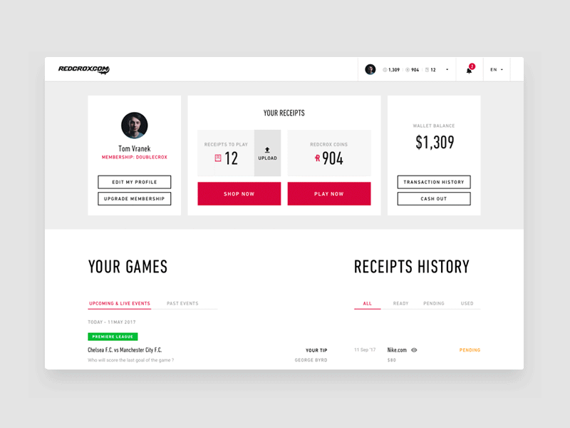 Redcrox - Dashboard black cashback dashboard design games history minimal receipt red redcrox sport strv strvcom tom vranek ui uploading ux web webdesign white