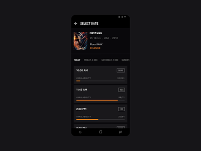 Cinema City [Android Concept] android android app app black cinema cinema city concept dark material ui materialdesign minimal movies orange popcorn seats strv strvcom tickets ui ux