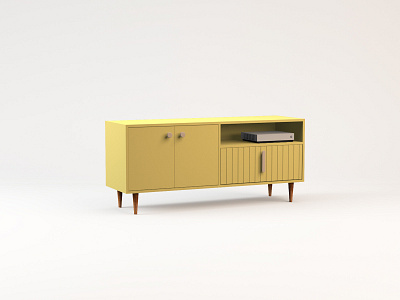 Butter Yellow Credenza 3d c4d cabinet dresser furniture living room media console midcentury modern tv stand wood woods woodworking yellow