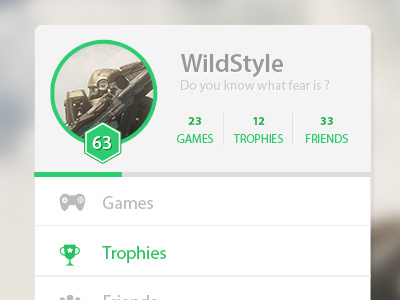 Profil/menu widget avatar flat green halo interface level menu profile ui ux video games widget