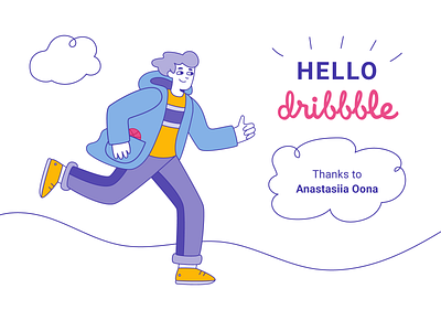 Hello Dribbble character design first shot flat illustration minimal outline shot vector